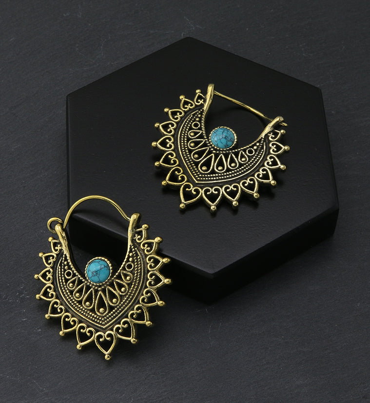 Noble Howlite Turquoise Stone Inlay Brass Hangers / Earrings