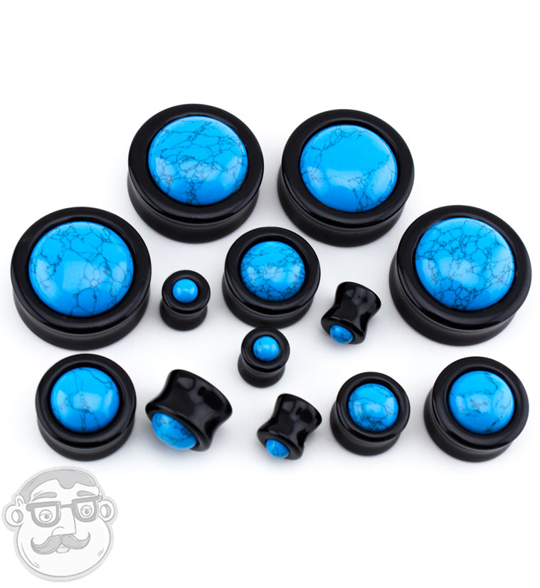 Obsidian Stone Plugs with Turquoise Howlite Stone Inlay