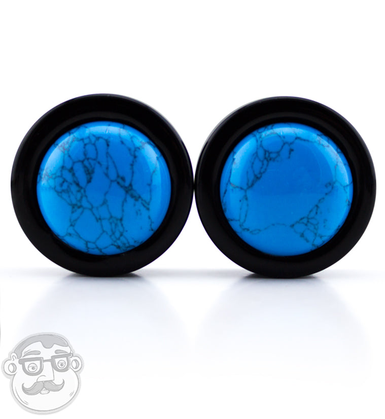 Obsidian Stone Plugs with Turquoise Howlite Stone Inlay
