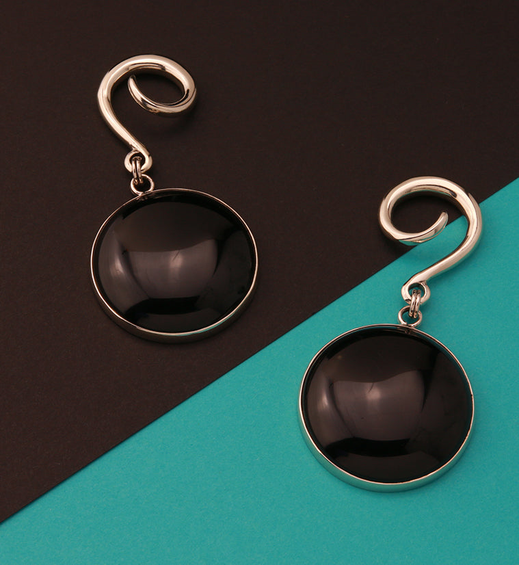 Grand Obsidian Silver Brass Hanging Ear Weights