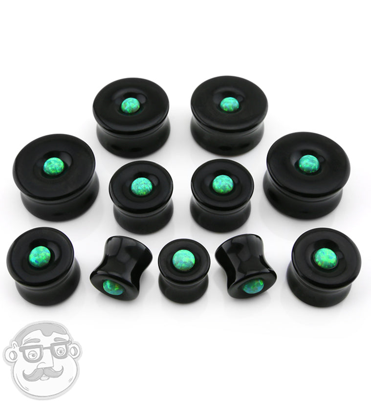Obsidian Stone Plugs with Micro Green Opal Inlay