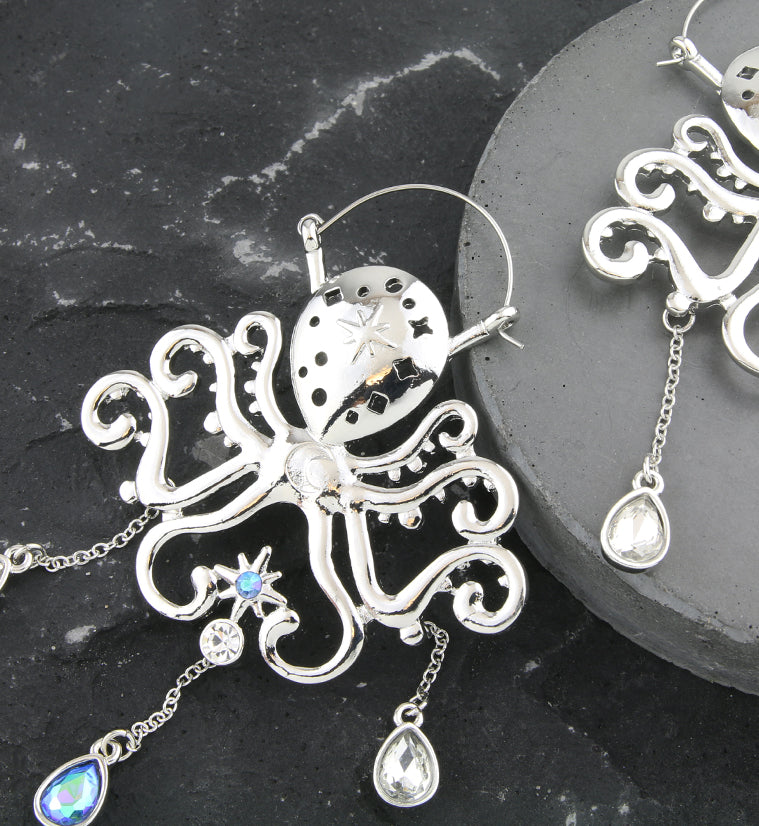 Octopus Teardrop Rainbow Aurora Dangle Stainless Steel Plug Hoops