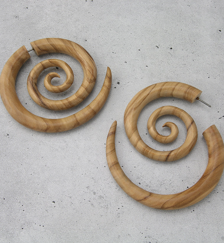 Olive Wood Fake Gauge Spiral Earrings