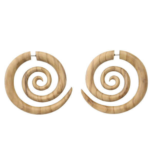 Olive Wood Fake Gauge Spiral Earrings
