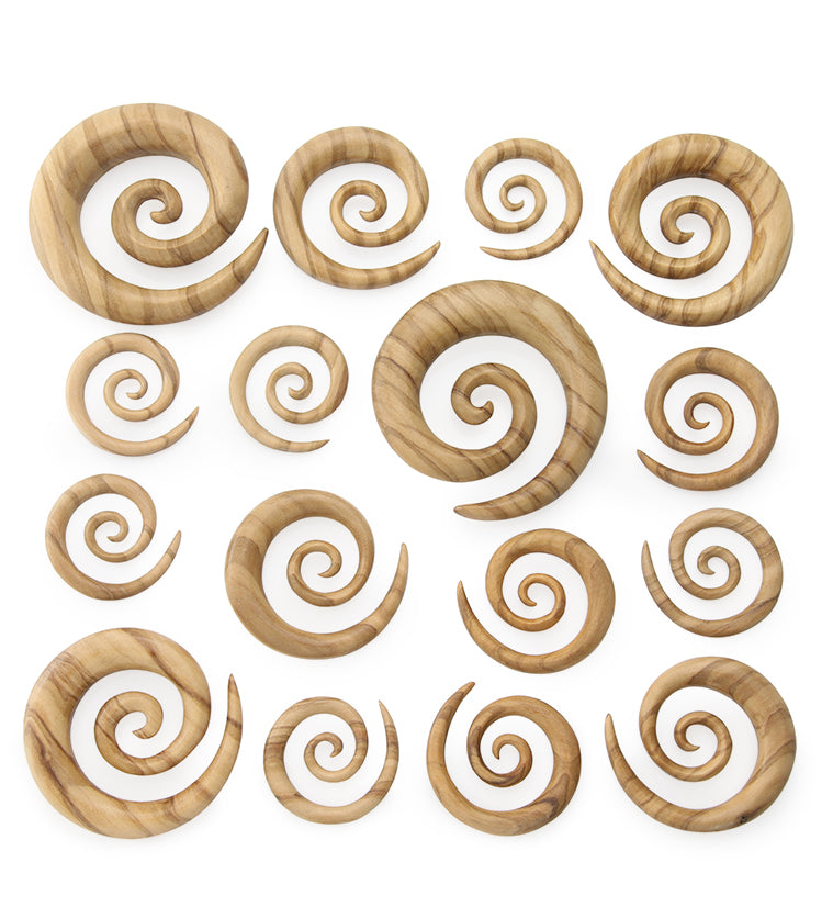 Pair Of Long Ornate Olive Wood Spiral Ear Expanders - Gauges Plugs Tunnels