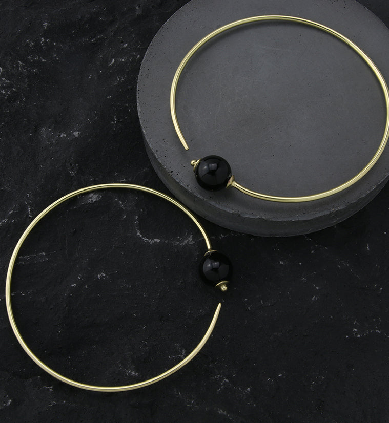 Onyx Stone Ball Brass Plug Hoops