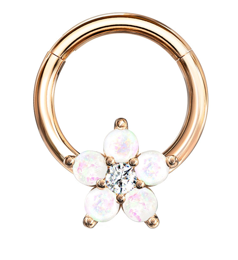 Rose Gold PVD Opalite Glitz Flower Hinged Segment Ring