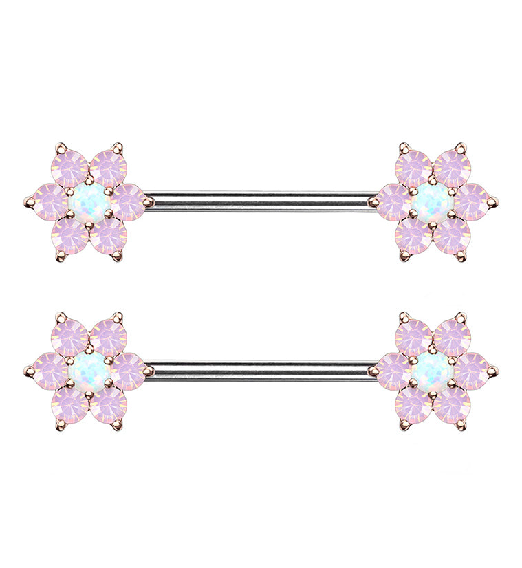 14G White & Pink Opalite Flower Gold Nipple Ring Barbell