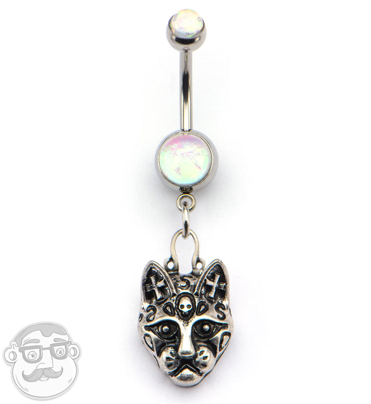 Hanging Cat Face Opalite Belly Button Ring