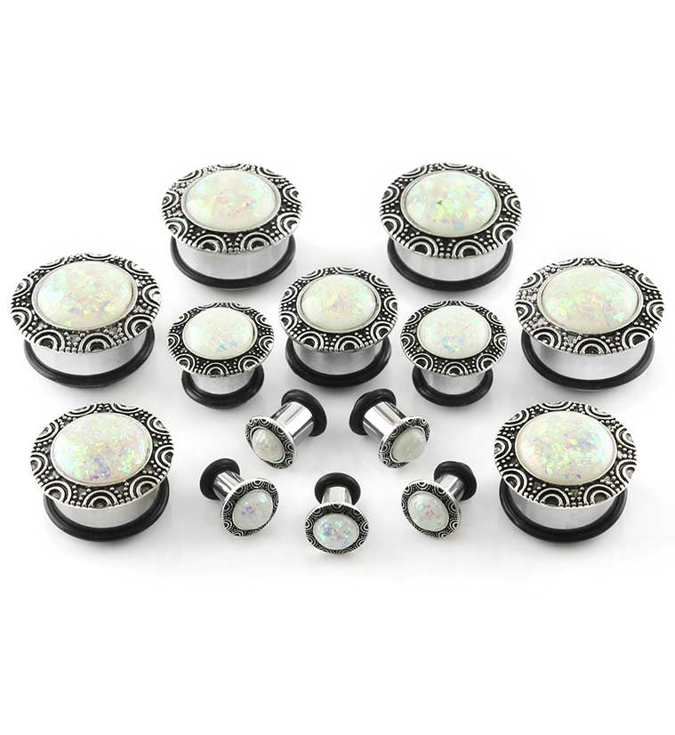 Silver Frame Opalite Flash Dome Steel Plugs