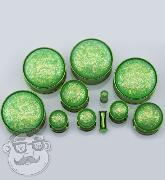 Green Opalite Flash Steel Plugs