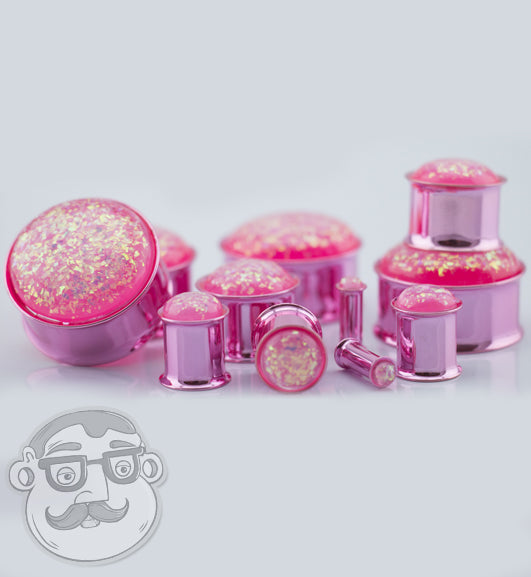 Pink Opalite Flash Steel Plugs