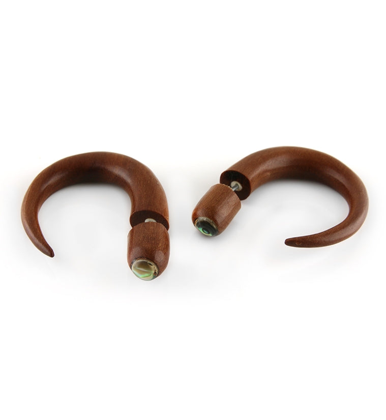 Saba Wood Fake Gauge Abalone Shell Circular Tapers Tribal Earrings