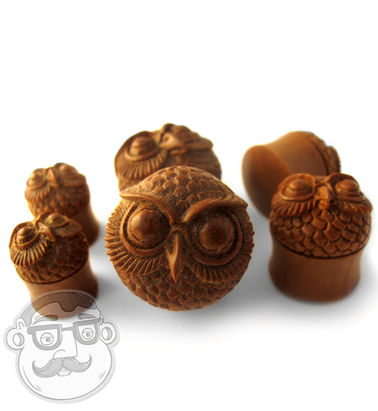 Carved Owl Wood Plugs