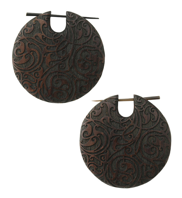 Ornate Narra Wood Disk Earrings