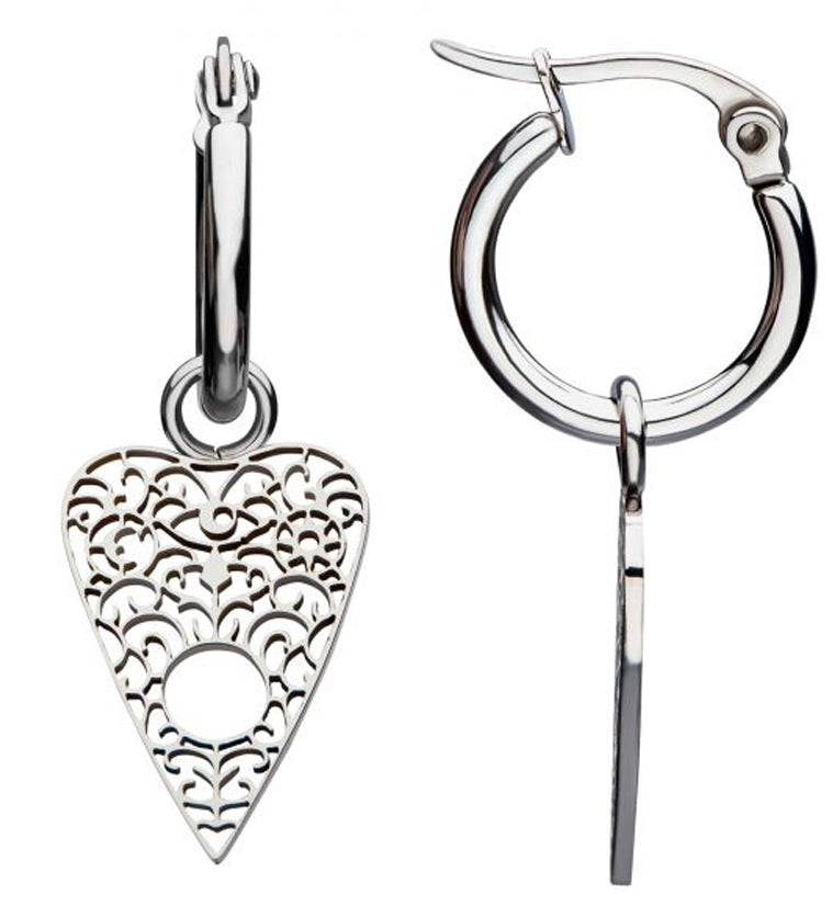Ornate Planchette Stainless Steel Hoop Earrings