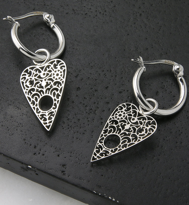Ornate Planchette Stainless Steel Hoop Earrings