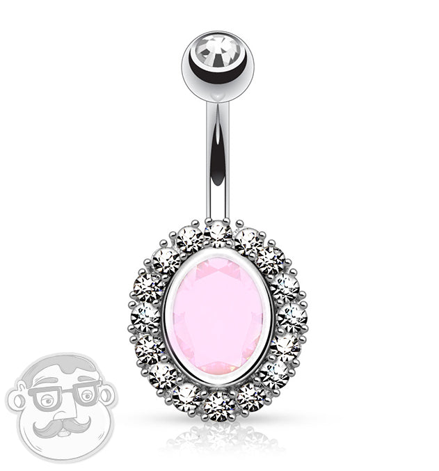 Pink Oval CZ Rim Single CZ Belly Button Ring