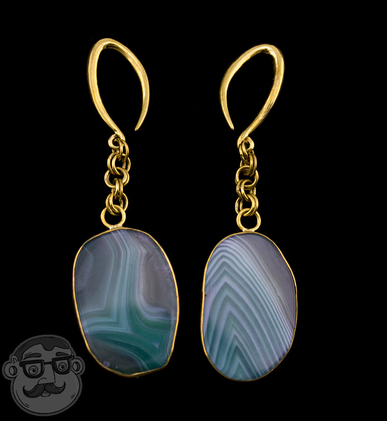 Oval Green Line Agate Stone Brass Hangers