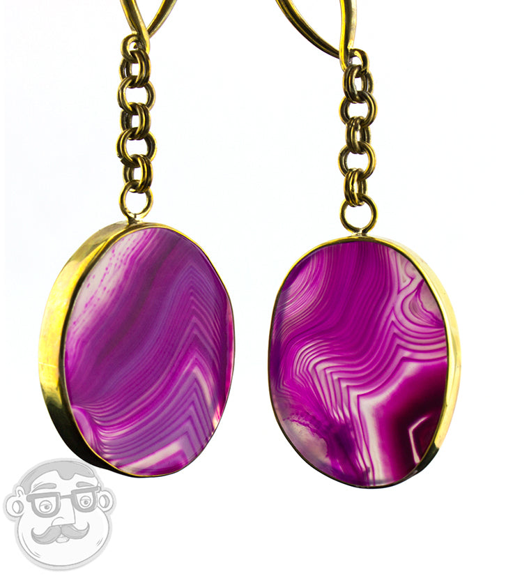 Oval Pink Line Agate Stone Brass Hangers