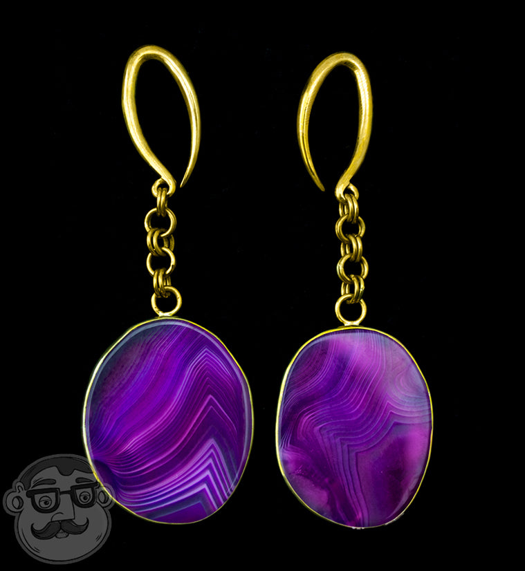 Oval Pink Line Agate Stone Brass Hangers