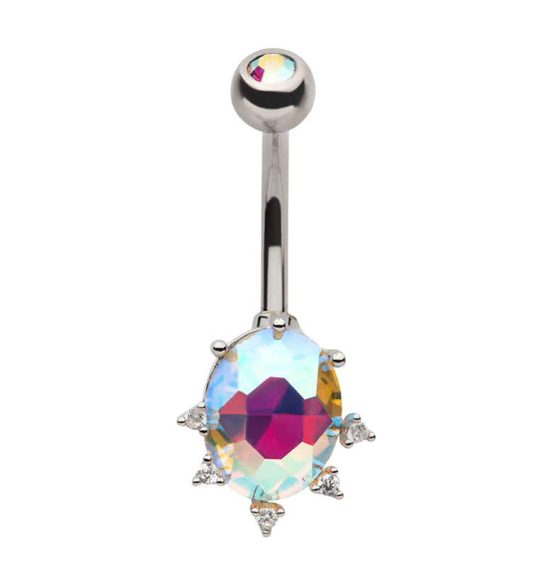 Oval Rainbow Aurora CZ Stainless Steel Belly Button Ring