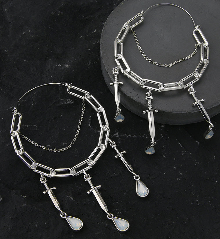 Paperclip Dagger White Opalite Stainless Steel Plug Hoops