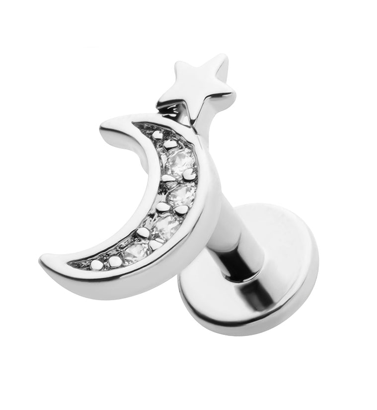 Pave CZ Half Moon Star Stainless Steel Threadless Labret