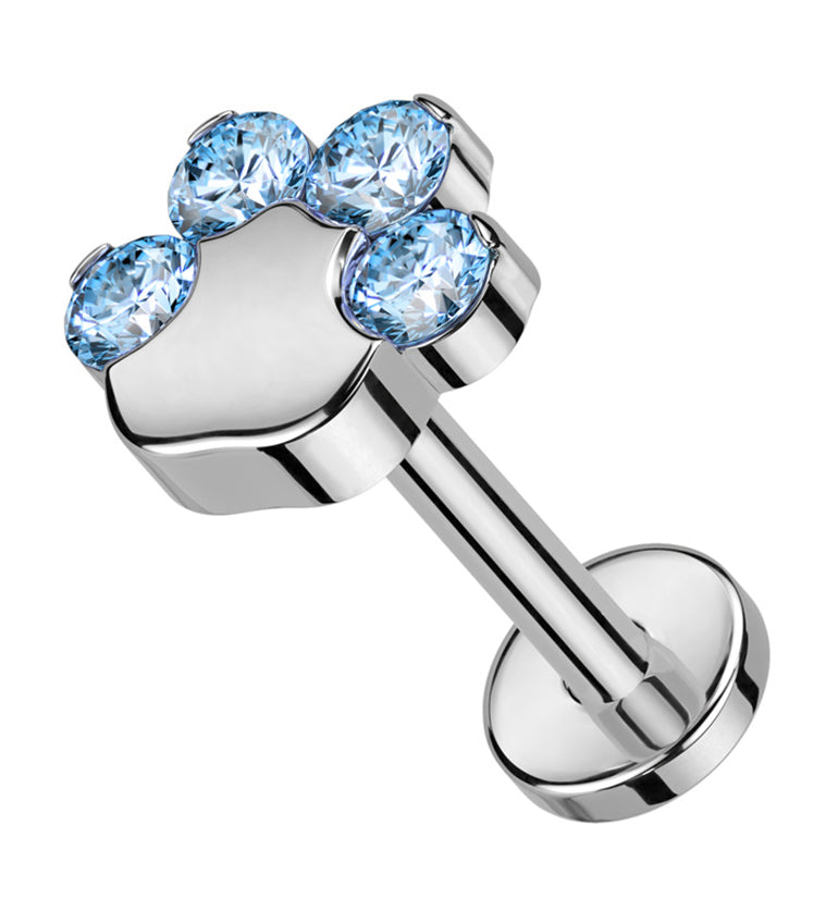 Paw Print Aqua CZ Titanium Threadless Labret