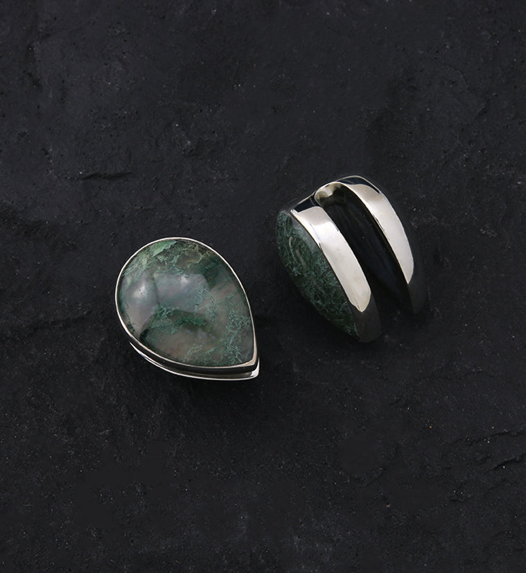 Peak Green Moss Agate Stone White Brass Ear Weights