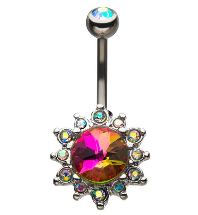 Pink Aurora Flower CZ Gold Belly Ring