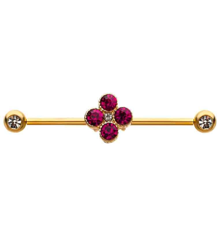 Pink CZ Cluster Gem Gold Industrial Barbell