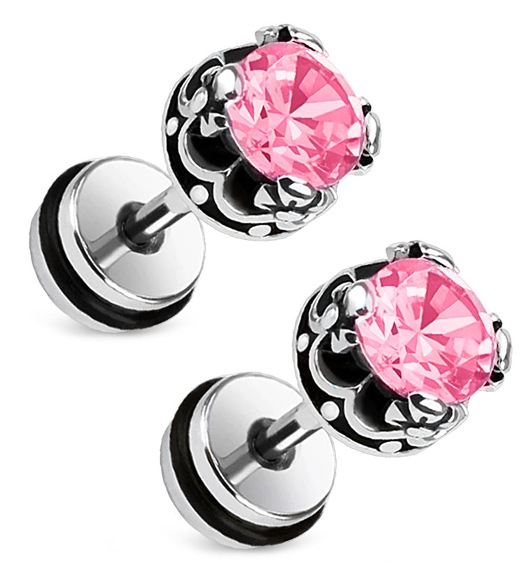 16G Pink Crest CZ Steel Fake Plugs / Gauges