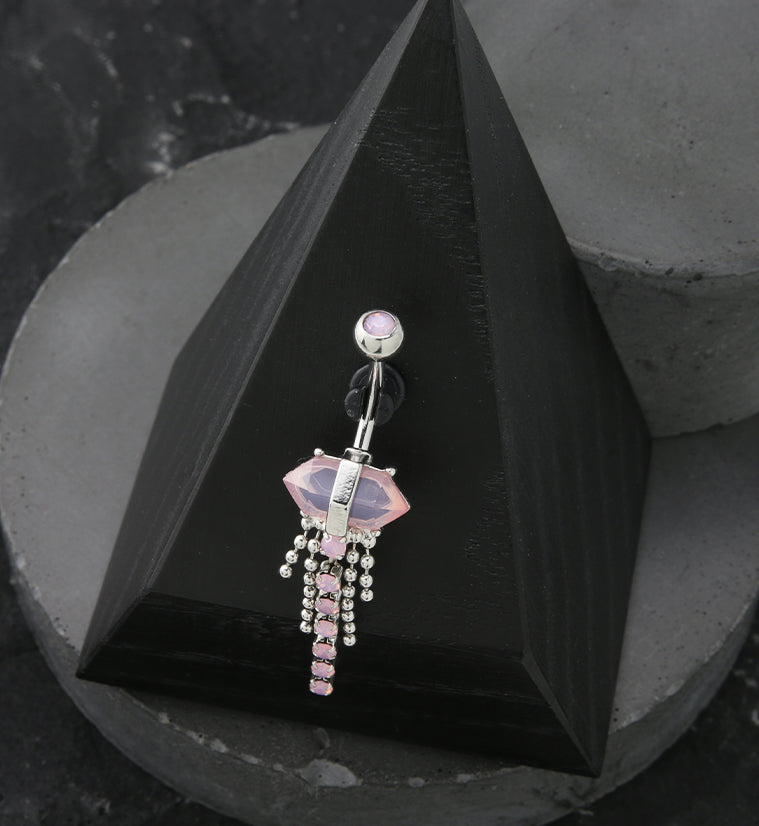 Pink Crystal Bead Chain Stainless Steel Belly Button Ring