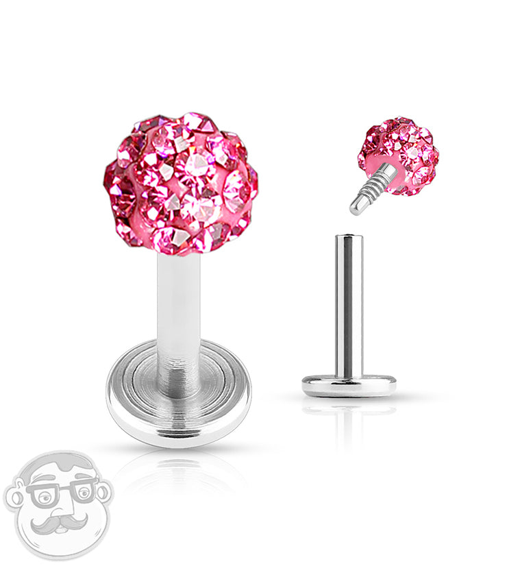 16G Pink Crystal Internally Threaded Labret Stud