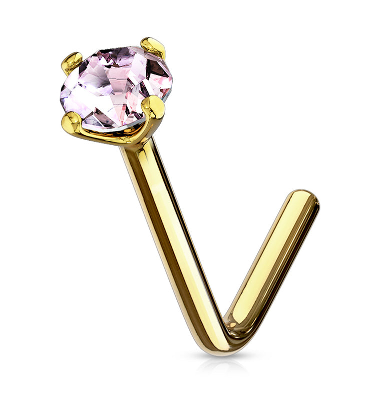 20G Pink CZ 14kt Gold L Shaped Nose Ring