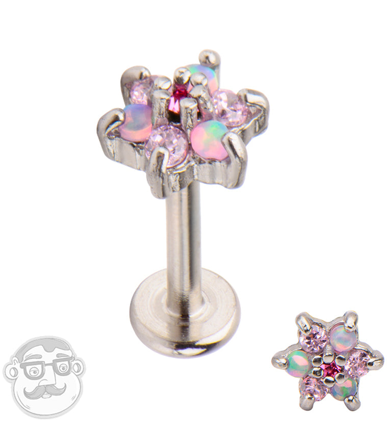 16G Pink Opal & CZ Flower Flatback Labret Post