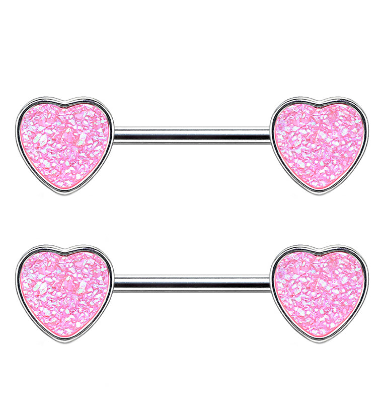 14G Pink Druzy Heart Nipple Ring Barbell