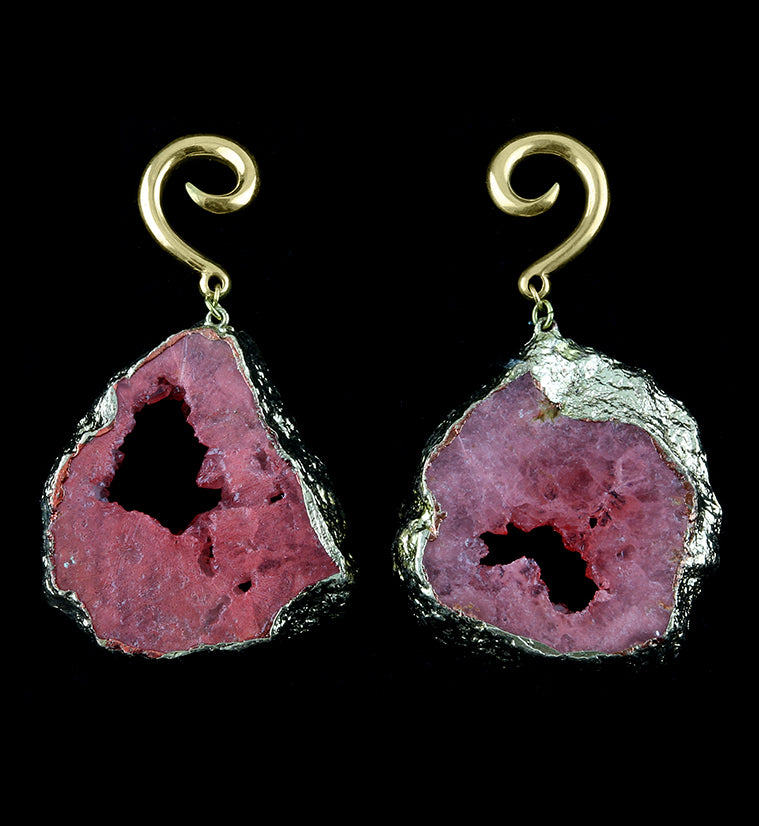 Pink Druzy Agate Slice Brass Hangers