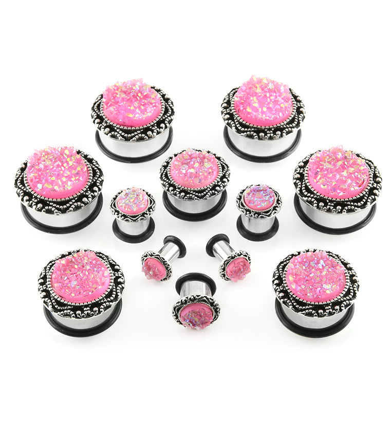 Silver Frame Pink Druzy Stone Inlay Steel Plugs