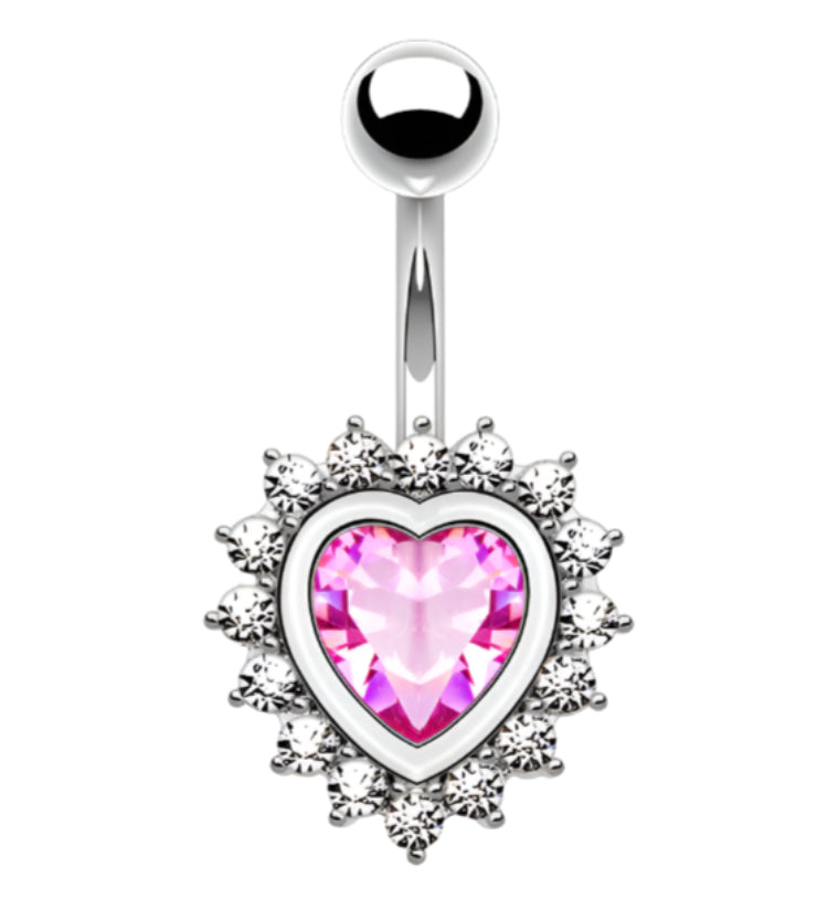 Pink Heart CZ Stainless Steel Belly Button Ring