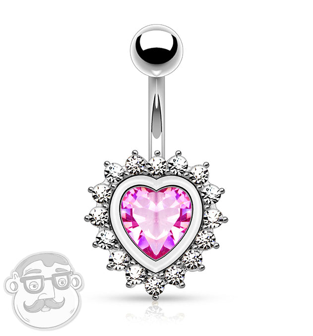 Pink Heart CZ Stainless Steel Belly Button Ring