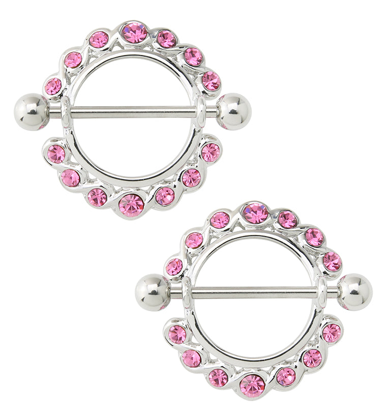 Pink Nipple Ring CZ Diamond Gem Barbell Shield