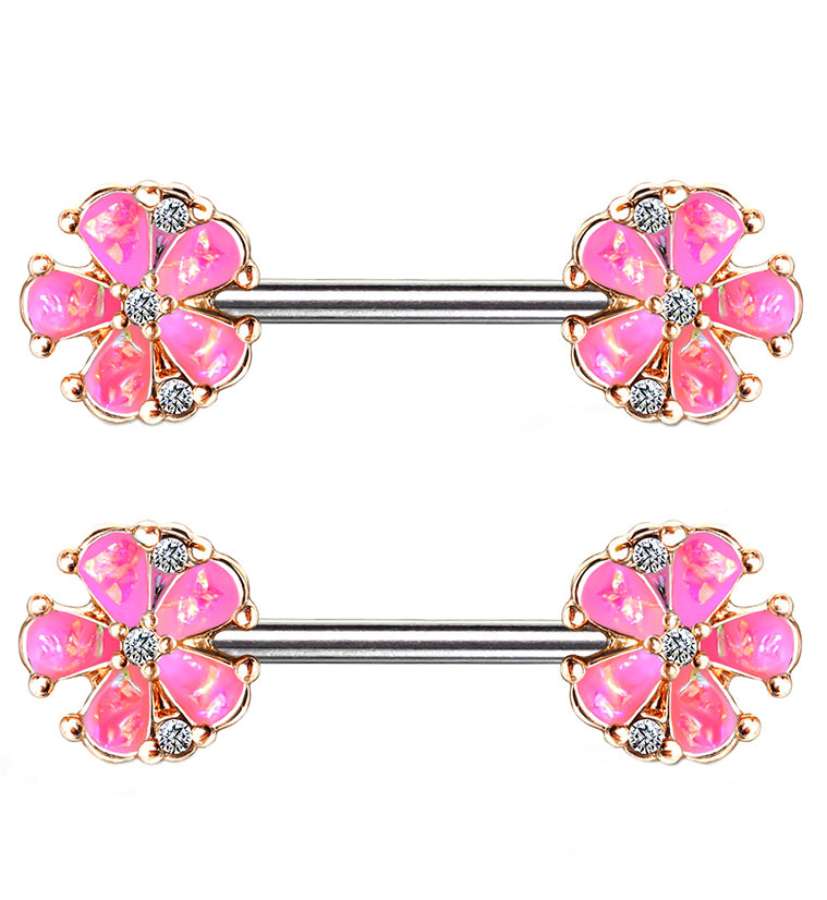 Crystal Floral Filigree Nipple Bar - Opal Glitter With 14g Surgical Steel
