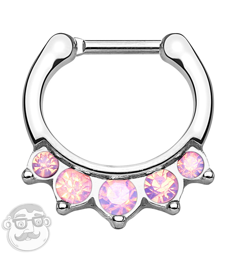 16G Five Pink Opalite Gem Stainless Steel Septum Clicker