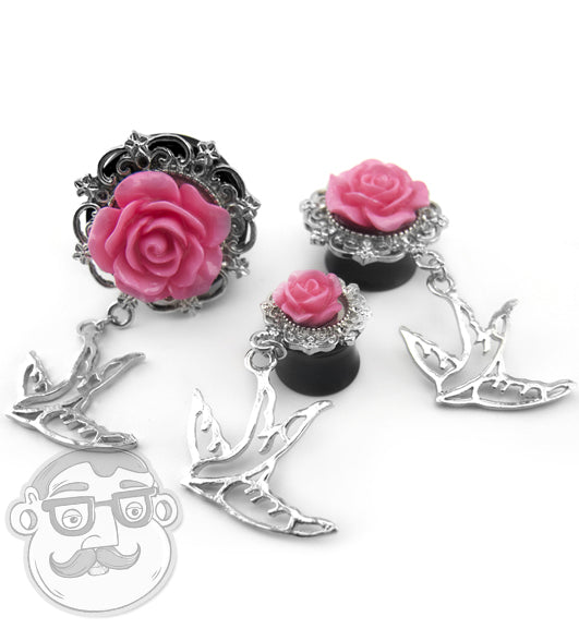 Pink Rosebud & Swallow Dangle Plugs