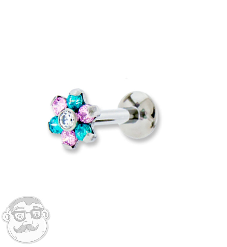 16G Titanium Pink & Mint Swarovski Flower Labret