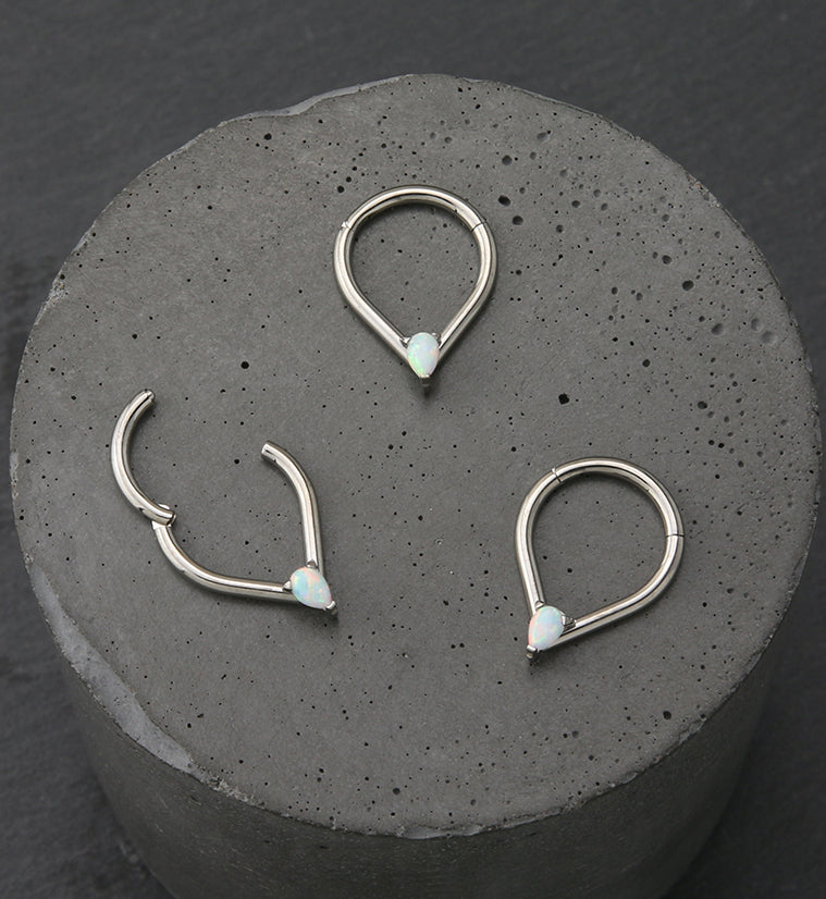 Point Teardrop White Opalite Titanium Hinged Segment Ring