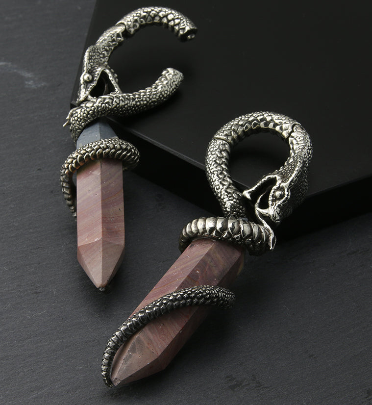 Polychrome Jasper Stone Cobra White Brass Hinged Ear Weights