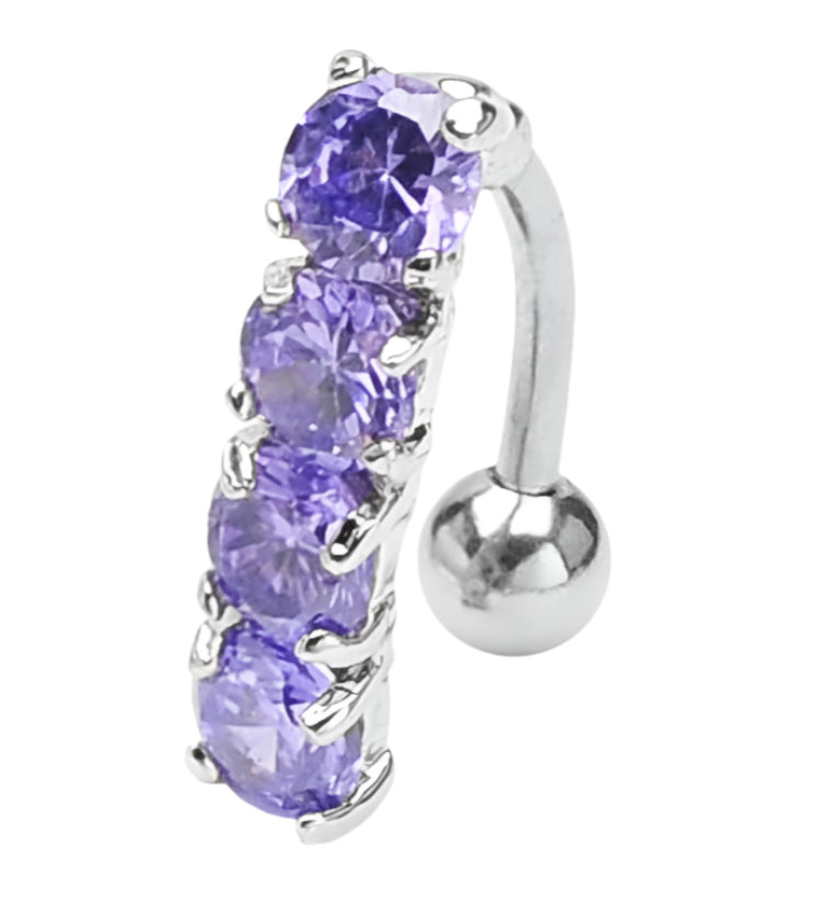 Stunning Four Purple Gem Stone Steel Belly Button Ring